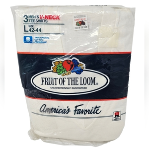 VTG Fruit of The Loom 3 Pack V Neck T‎ Shirts Mens Large White 100% Cotton 1989